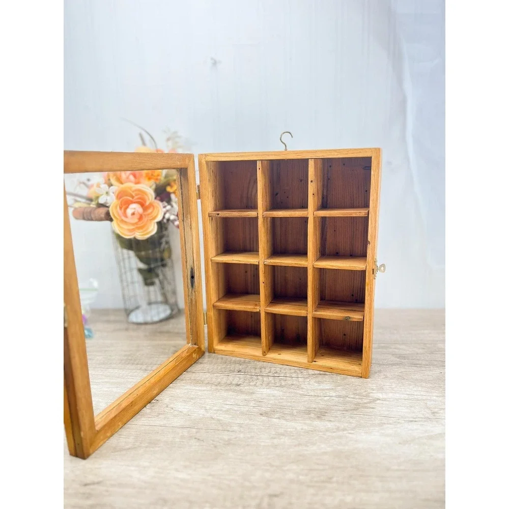 Vintage Natural Wood Curio Cabinet with Glass Door